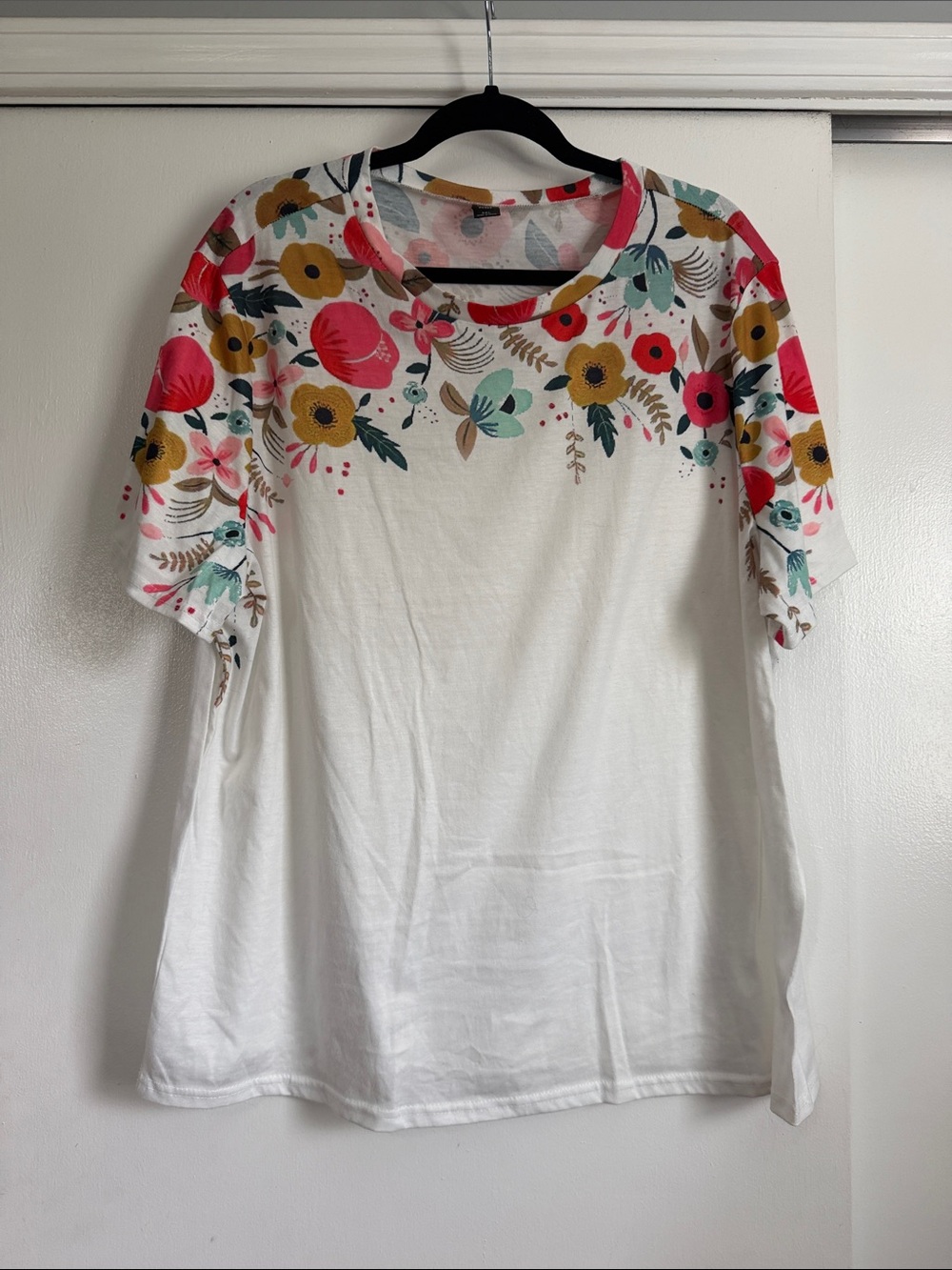 SHEIN White Short Sleeve Tee with Pink, Mustard & Teal Floral Yoke
